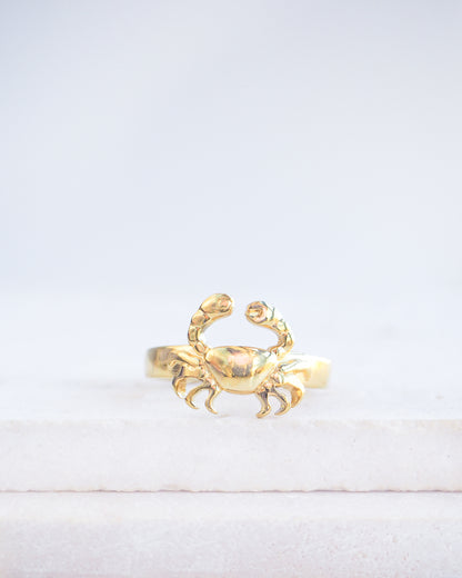 Gold Cancer Zodiac Ring on stone displayed, adjustable 18k gold stainless steel crab ring 