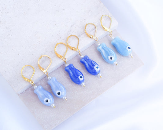Mix of Blue Fish Ceramic Earrings - Blue Sardine Fish - 18k Gold Stainless Steel or Silver - Handcrafted Coastal Summer Jewelry