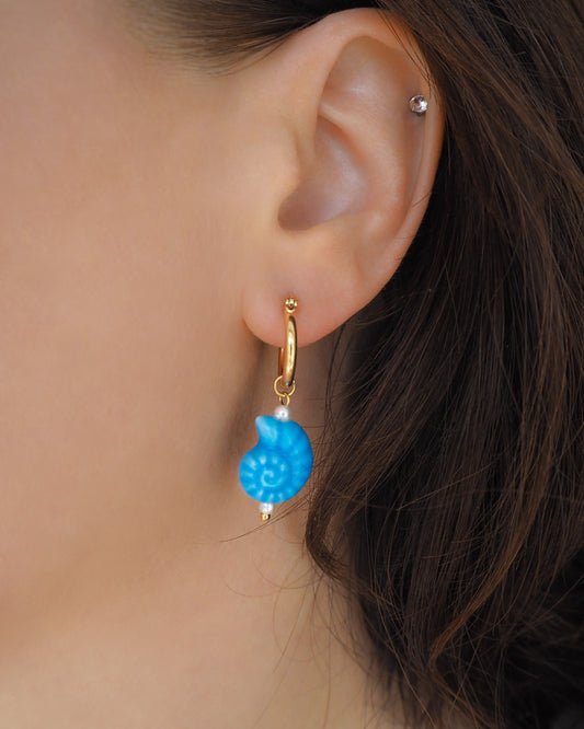 Ceramic Seashell Blue Gold Earring Hoops  in ear model