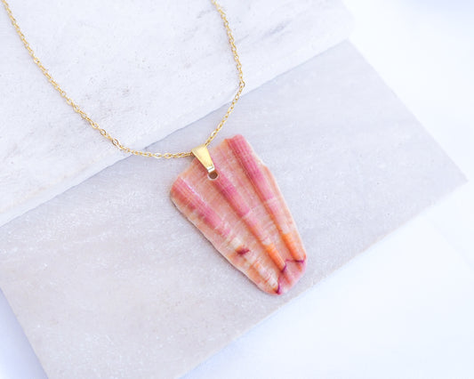 Coral Great Scallop Shell Piece Pendant with Gold Stainless Steel Necklace Chain on display, Sea by Lou