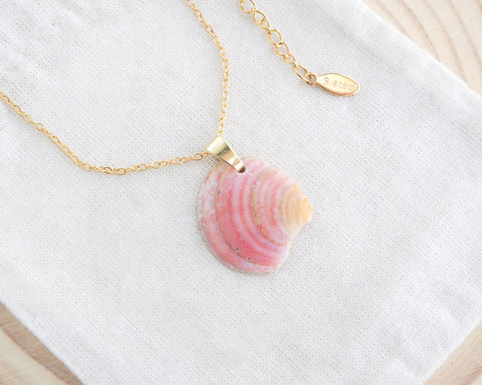 A gold chain necklace with a natural coral peach pink seashell pendant. The seashell is a venus shell handpicked from Portugal set in a gold clasp and gold necklace chain. Made of 18k gold stainless steel.
