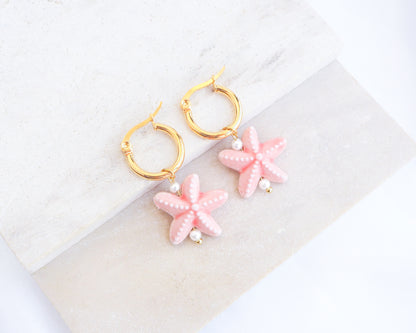 Coral Pink Ceramic Starfish Earring Hoops, 14k gold stainless steel hoops with Coral Pink Ceramic Sea Star pendants