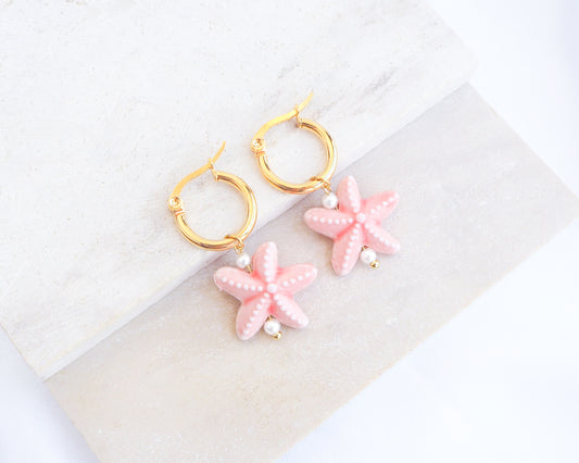 Coral Pink Ceramic Starfish Earring Hoops, 14k gold stainless steel hoops with Coral Pink Ceramic Sea Star pendants