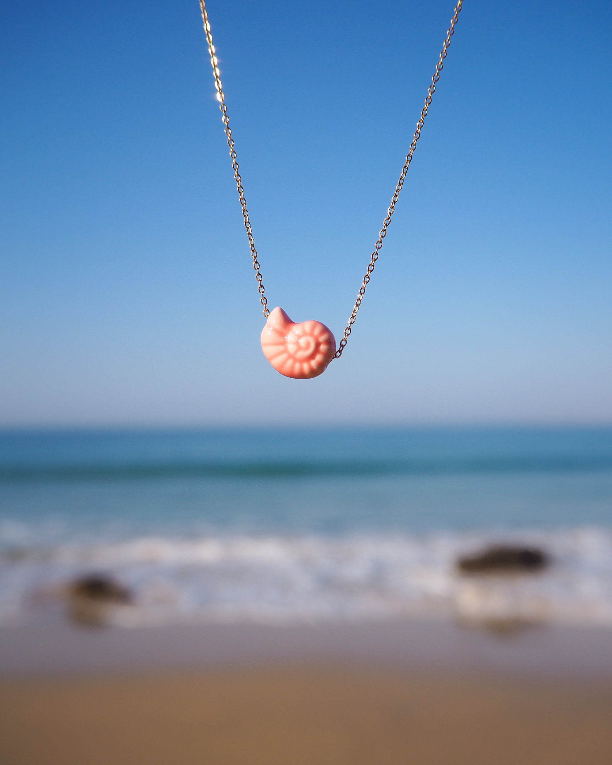 Coral Pink Seashell Ceramic Nautilus Gold Necklaces with Beach and Sea Background, Portugal Ocean View with Gold Necklace, Perfect Gift for Mermaids