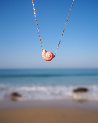 Coral Pink Seashell Ceramic Nautilus Gold Necklaces with Beach and Sea Background, Portugal Ocean View with Gold Necklace, Perfect Gift for Mermaids