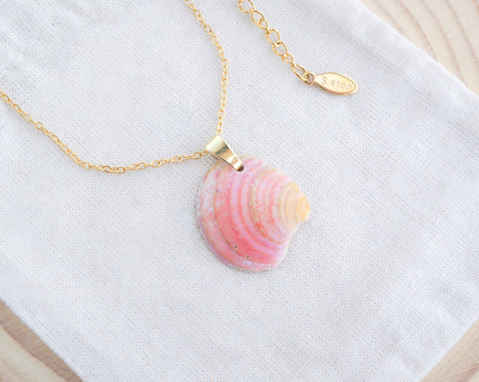 Coral Venus Shell Gold Necklace on display