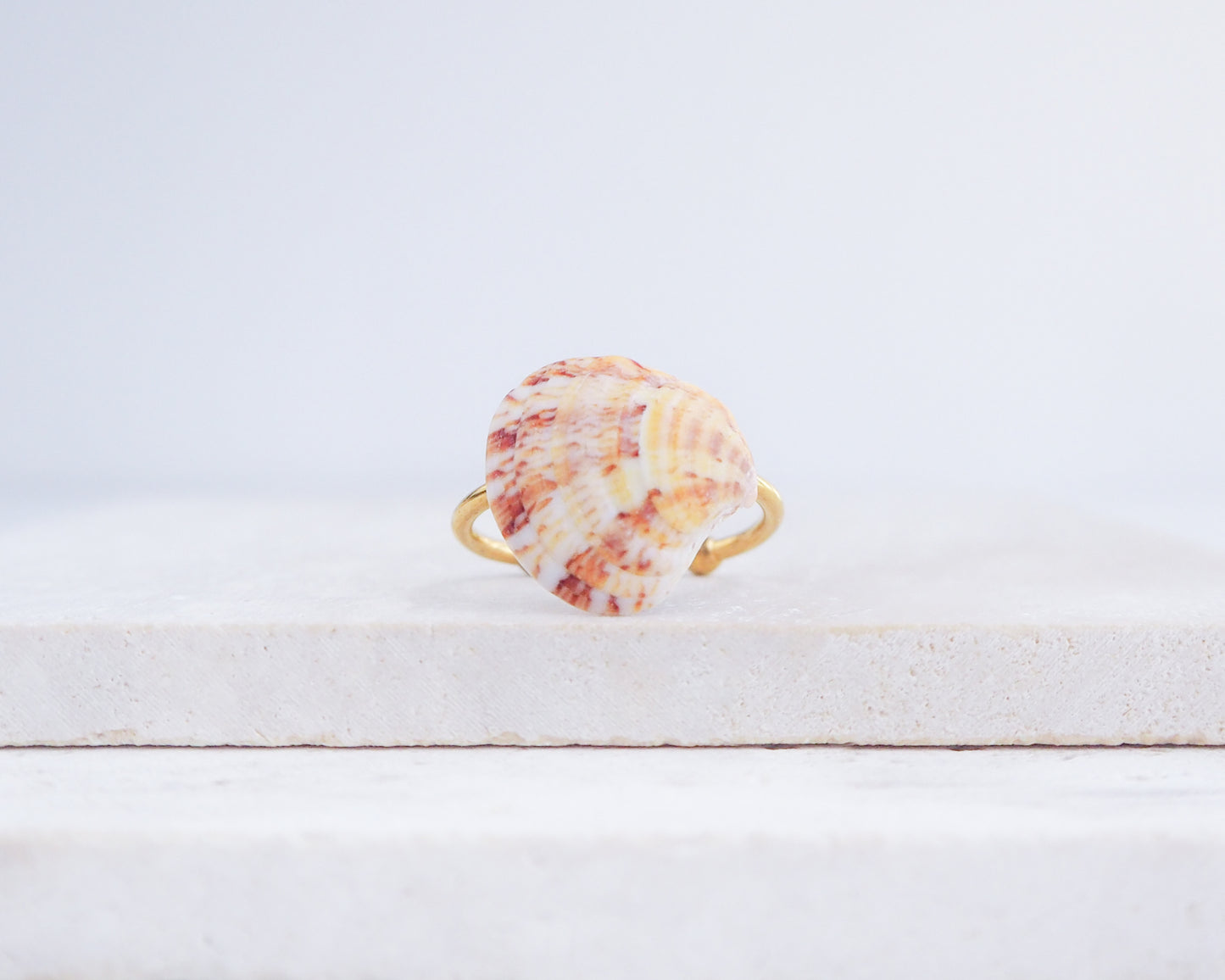 Coral Venus Shell Gold Ring from Portugal displayed on stone, patterned colorful pink orange red shell ring