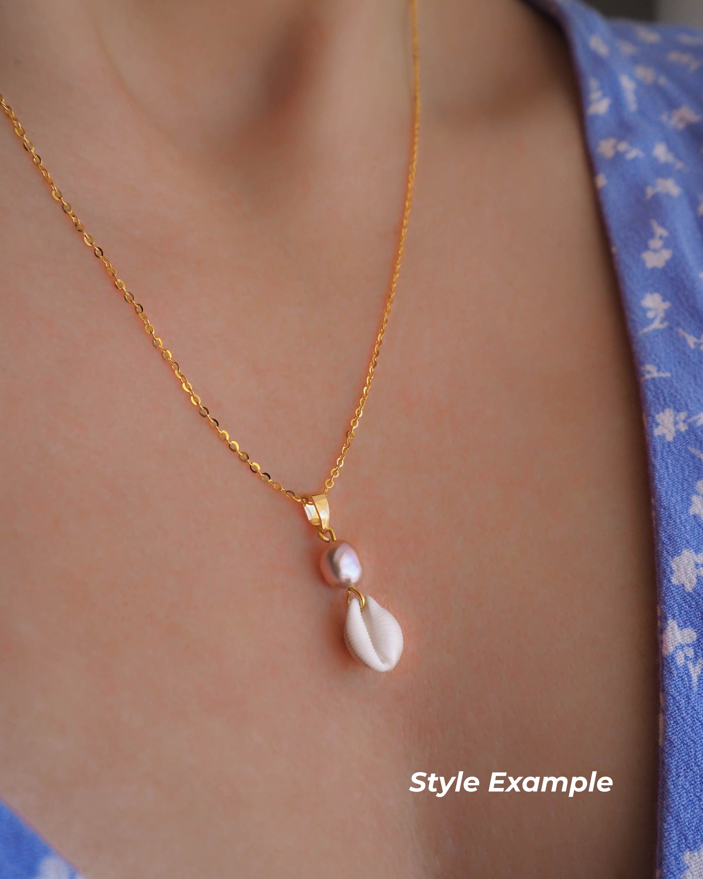 SILVER COWRIE SHELL PEARL NECKLACE ~ White Pearl