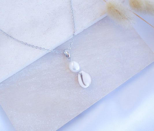 Silver Cowrie Shell Pearl wedding Necklace White Pearl  