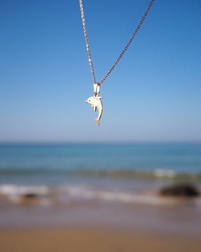 Dolphin Minimalistic Gold Necklace a chain against a beach backdrop with blue sky and ocean.