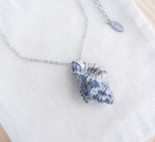 Dark Grey Sting Winkle Shell Necklace on display
