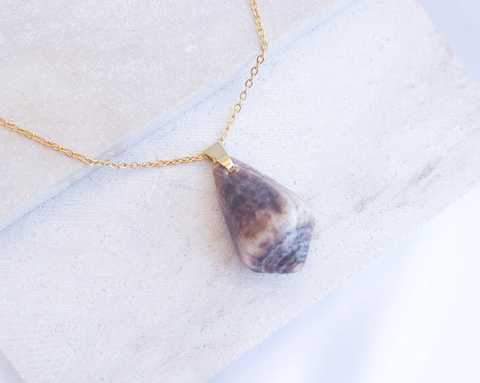 Dark Mediterranean Cone Shell II Gold Necklace displayed on stone 