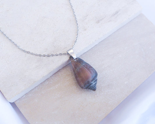 Dark Mediterranean Cone Shell Silver Necklace displayed on stone, Silver stainless steel necklace with dark cone shell from Portugal, Dark Cone Shell pendant