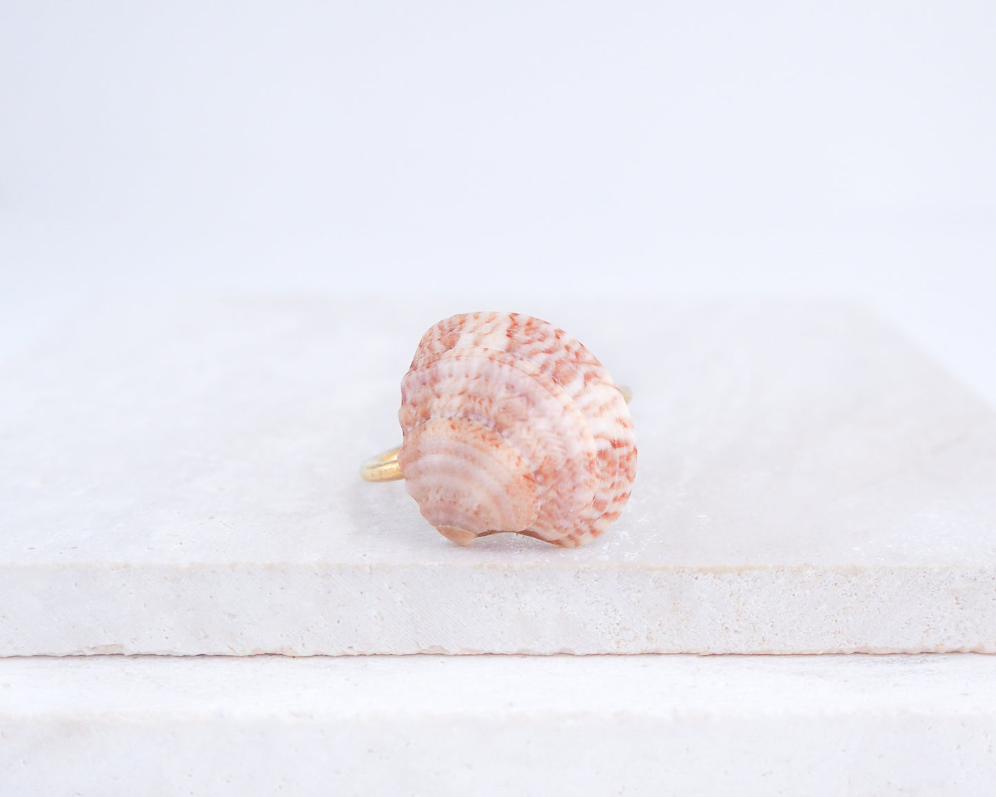 Pink Venus Shell Ring from Portugal displayed on stone side view, Dusty Rose Pink shell on gold ring, handpicked real shell from Portugal