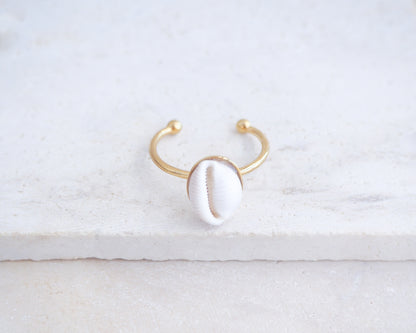 European Cowrie Shell Gold Ring from Portugal on stone display, Handpicked Spotted Cowrie Shell from Portugal, Gold Stainless Steel ring with tiny cowrie shell, Gift for beach girls