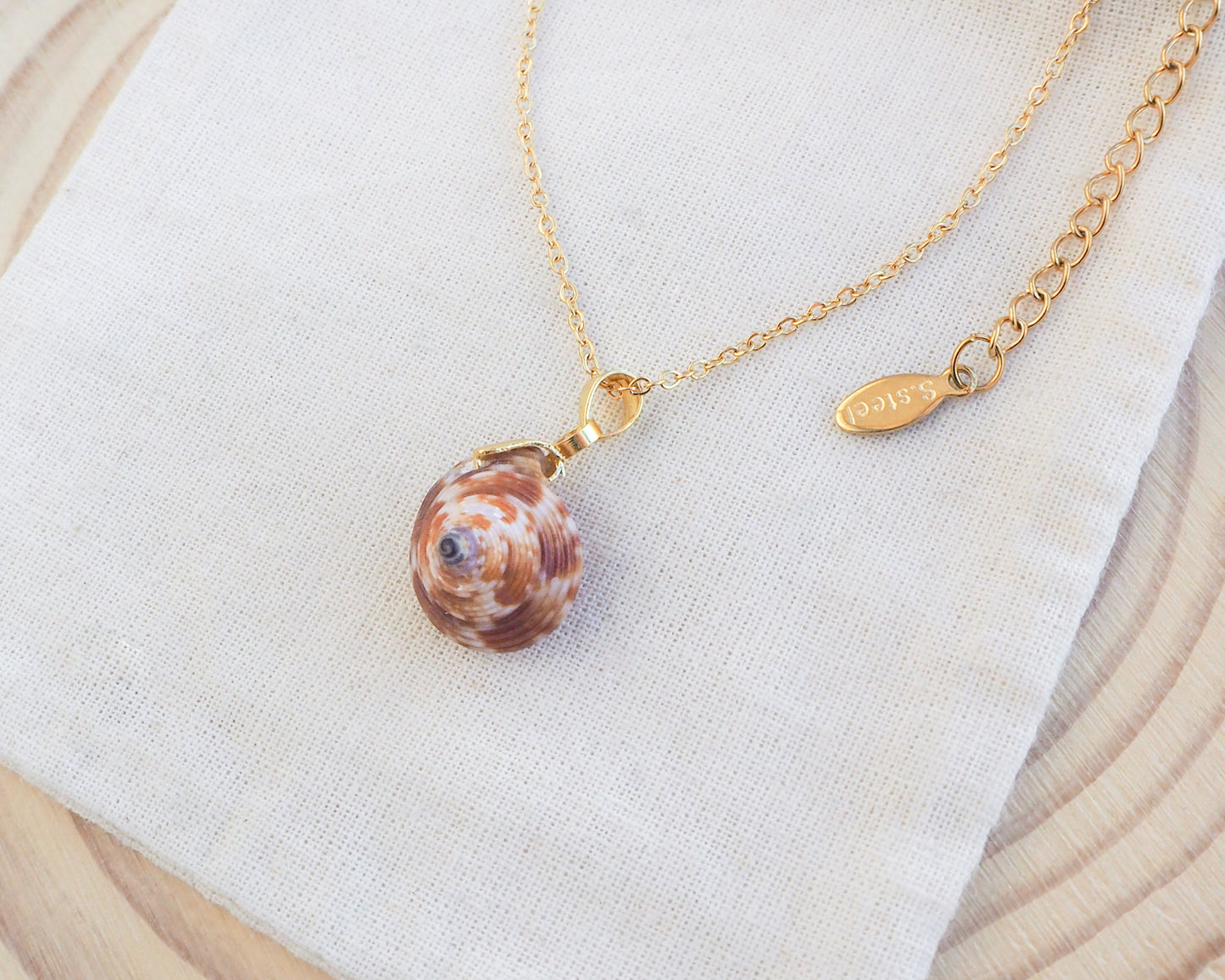 Side view of European Painted Top Shell Gold Necklace on display. Handpicked tiny  shell from Portugal. Made of 18k gold stainless steel