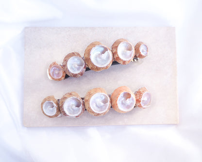 Hair clip with shell-like design on a white background. Overview of European Pearly Shells Hair clip. European Painted Top shell Hair Clip Barrette, Boho Seashell Beach Clip from Portugal, Handpicked Real Shells, Seashell Hair Decoration, Bohemian Seashell Wedding Hair Assocciares, Coastal Christmas gift, Beach Wedding Hair