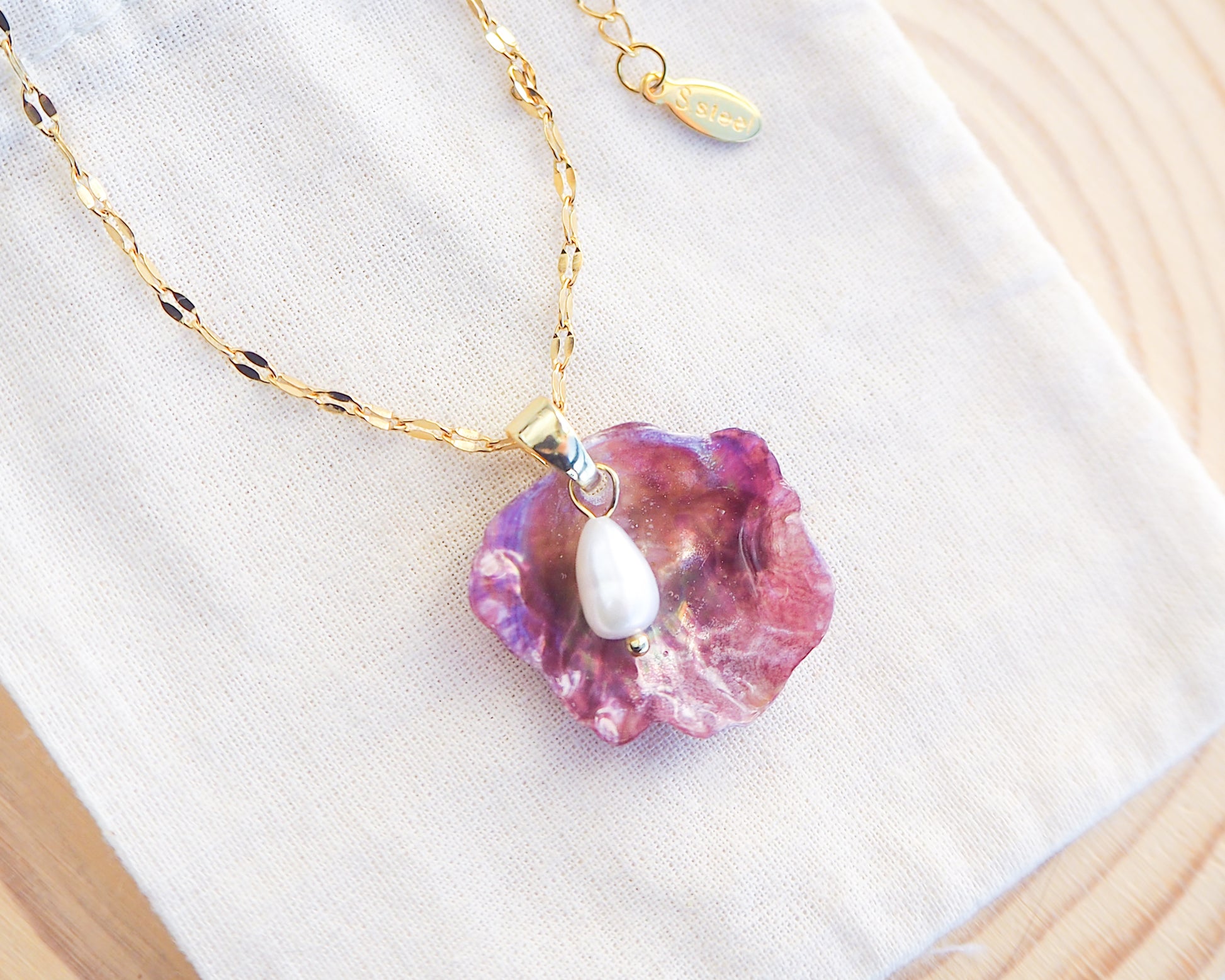 Fuchsia Pink Pearl Shell Necklace VII displayed , Gold Pearly Pink Oyster Shell Necklace, Fuchsia Pink Pearly Shell handpicked from Portugal, Sea by Lou, Mother of Pearl Shell Portugal 