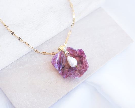 Close up of Fuchsia Pink Pearl Shell Necklace VII displayed on stone, Gold Pearly Pink Oyster Shell Necklace, Fuchsia Pink Pearly Shell handpicked from Portugal, Sea by Lou, Mother of Pearl Shell Portugal 