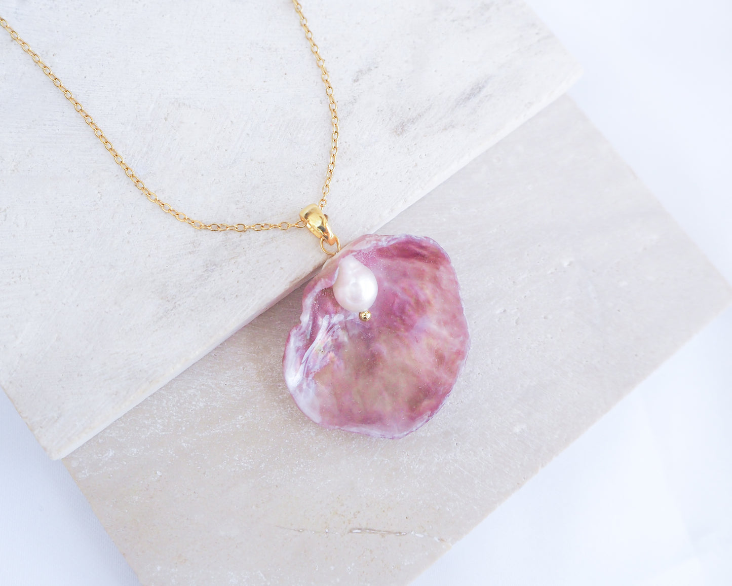 Fuchsia Pink Pearl Shell Necklace V on display, Gold Pearly Pink Oyster Shell Necklace, Fuchsia Pink Pearly Shell handpicked from Portugal, Sea by Lou, Mother of Pearl Shell Portugal 