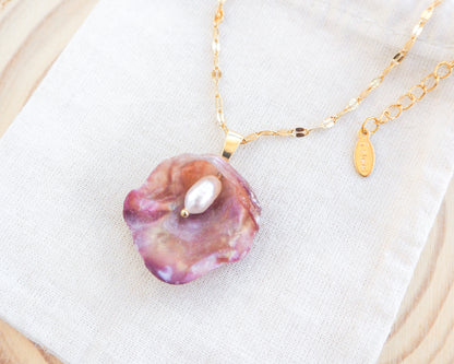 Fuchsia Pink Pearly Shell Necklace, Gold Jingle Shell Necklace on display, Sea by Lou, Mother of Pearl Shell Portugal 