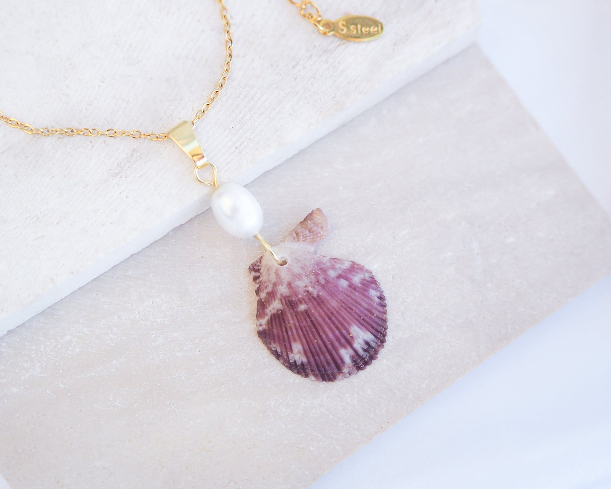 Fuchsia Pink Scallop Shell Pearl Gold Necklace on display, Fuchsia Scallop Shell from Portugal, Algarve, Sea by Lou, Shell and freshwater pearl necklace