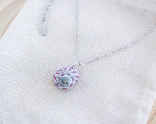 Fuchsia Striped Top Shell Necklace on display