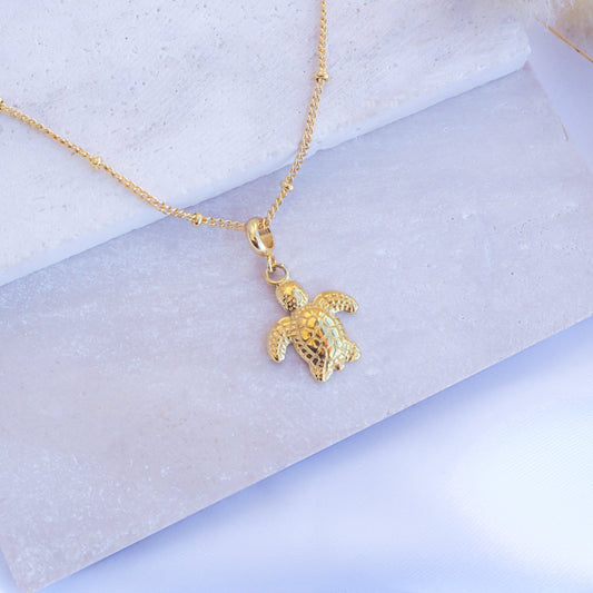 Gold Baby Turtle Necklace on stone, sea turtle necklace