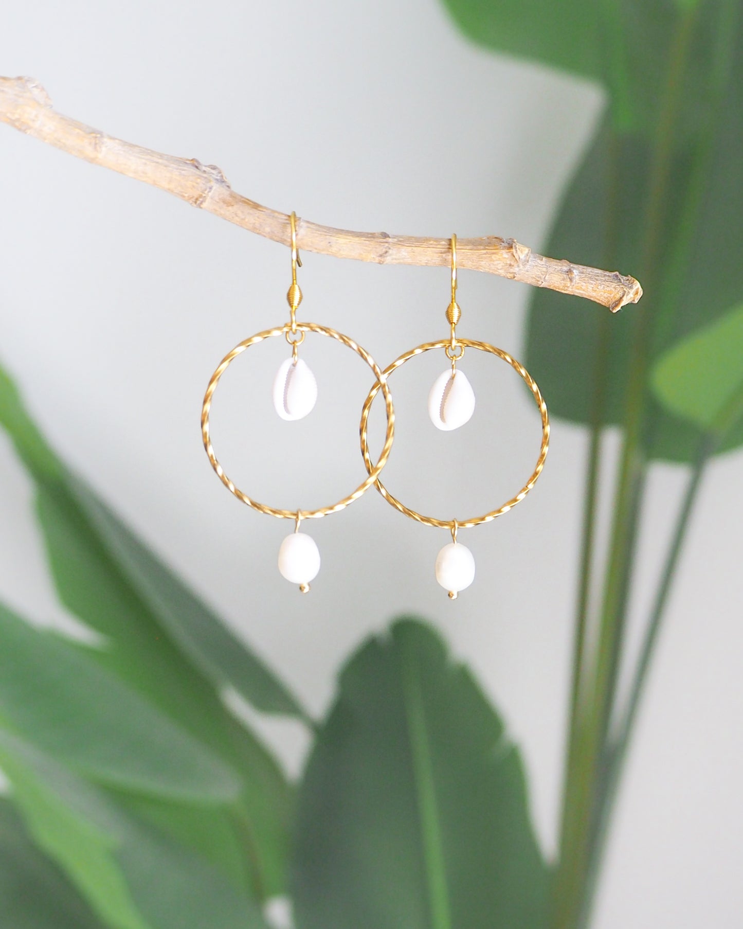 Front view of Boho Chic Cowrie Shells Pearl Hoop Earrings with plant background, 18k Gold Stainless Steel Hoop earrings with tiny cowrie shells handpicked from Portugal. Conchas Beijinhos, Ivory freshwater pearls, seabylou 