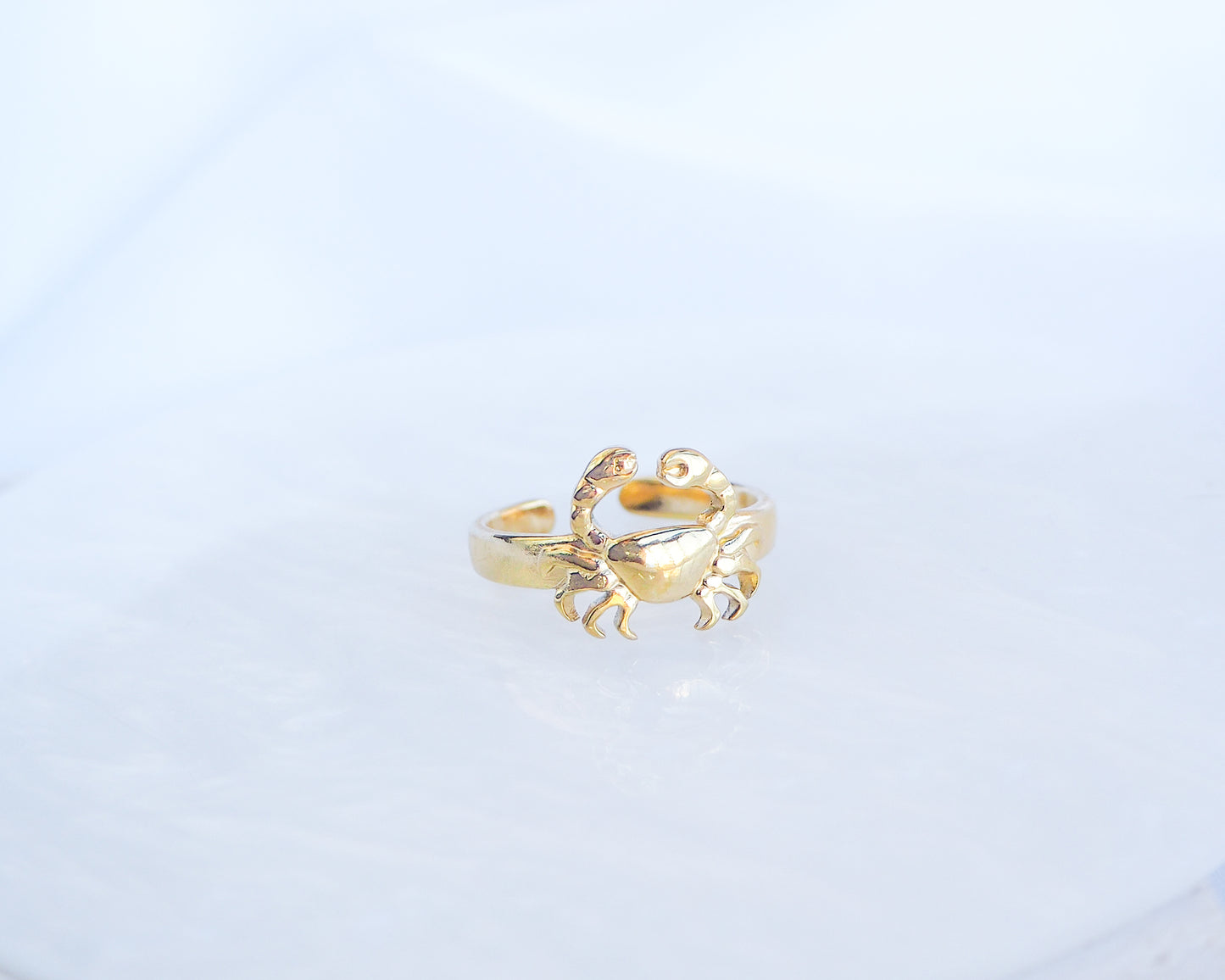 Gold Cancer Zodiac Ring on display, 18k gold stainless steel crab ring 