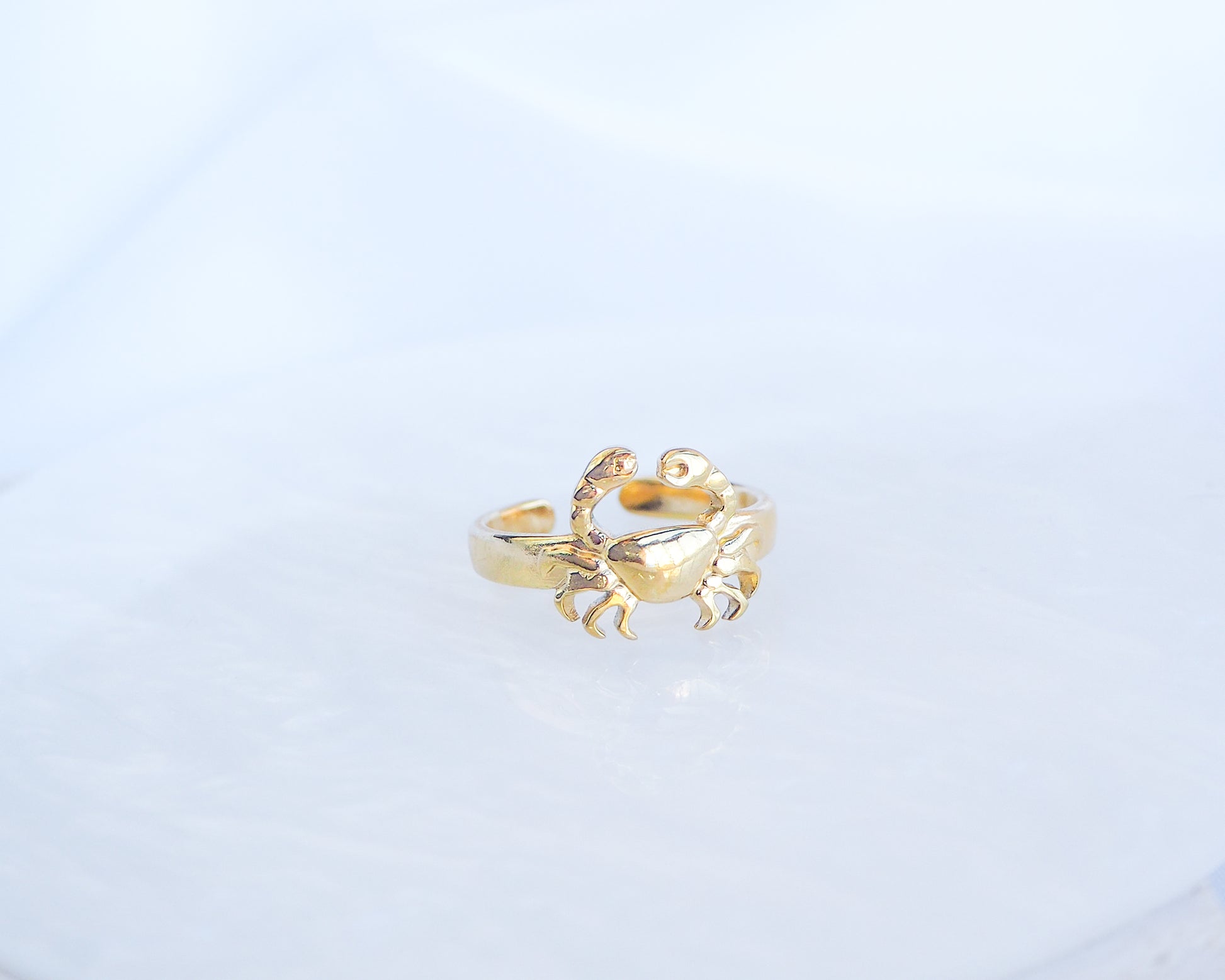 Gold Cancer Zodiac Ring on display, 18k gold stainless steel crab ring 