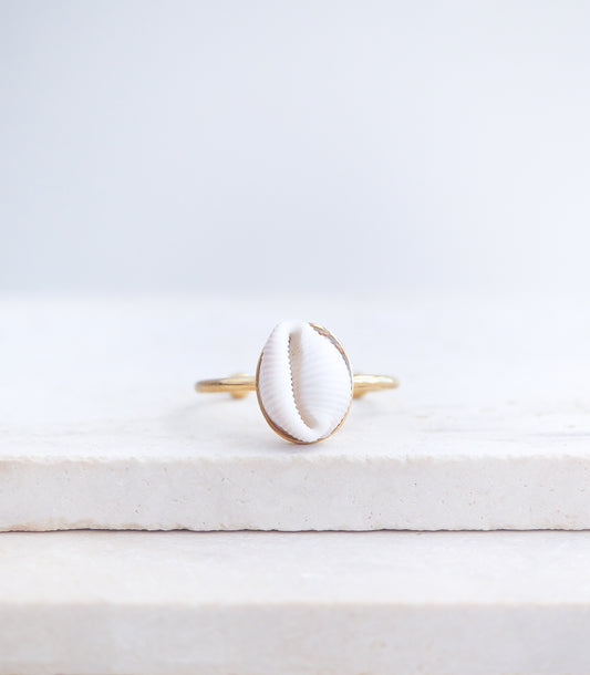Close up front view of European Cowrie Shell Gold Ring from Portugal on stone display, Handpicked Spotted Cowrie Shell from Portugal, Gold Stainless Steel ring with tiny cowrie shell, Gift for beach girls