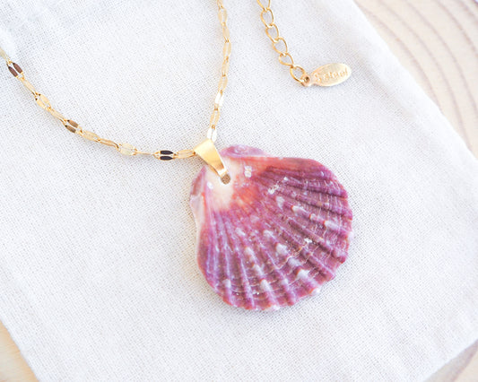 Gold Fuchsia Pilgrims Scallop Shell Gold Necklace on display