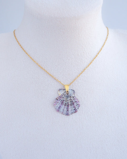 Gold Scallop Shell Necklace with Grey Leopard Scallop Shell on neck