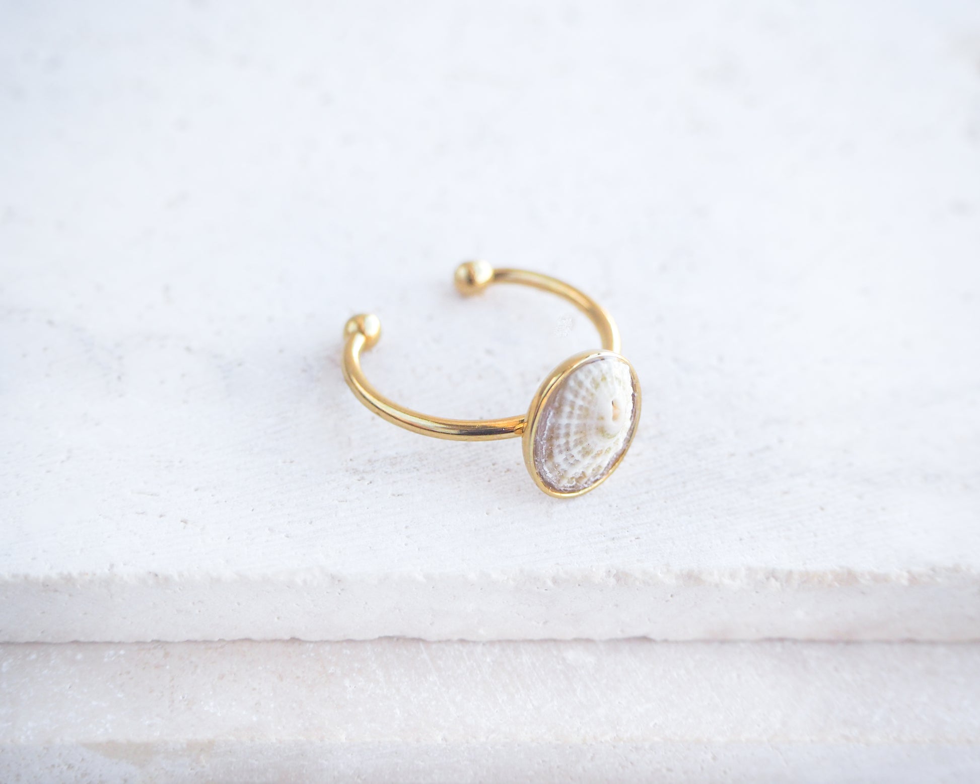 Side view of Gold Light Common Keyhole Limpet Shell Ring on display, Light Limpet Shell from Portugal set in a 18k gold stainless steel bezel adjustable ring 