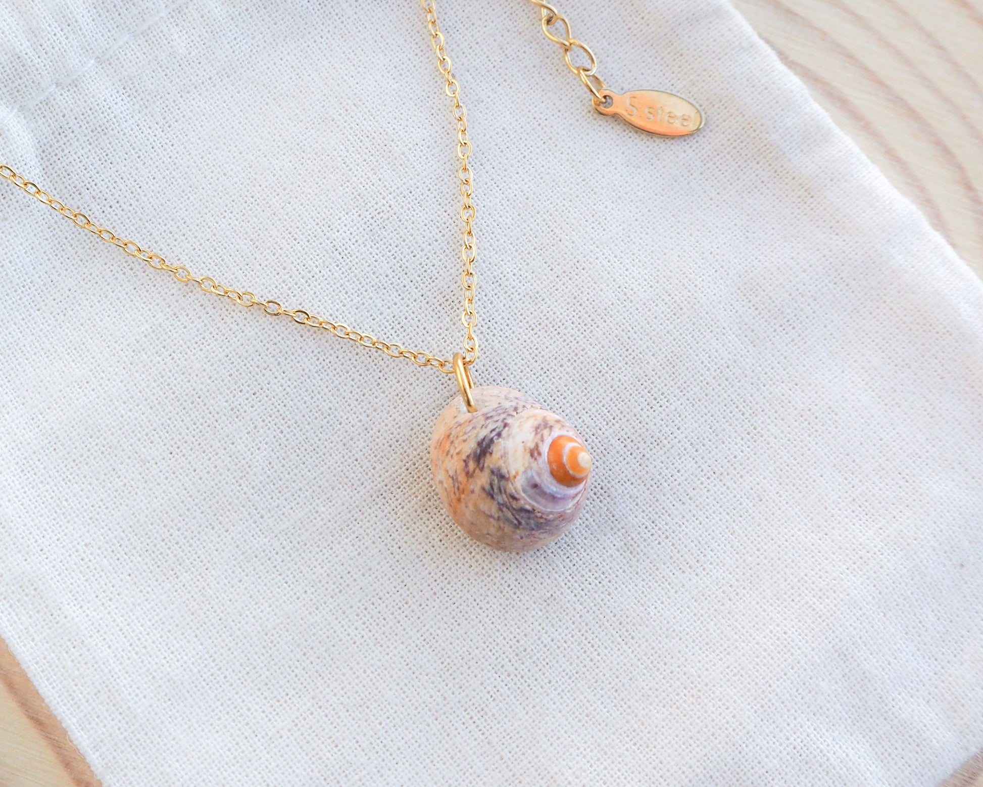 Side view of Lined Top Shell Gold Necklace, Shell from Portugal on display