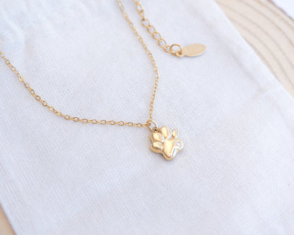Tiny Cat Paw Gold Necklace on display, Memory Cat Jewelry, Gold Cat Necklace 