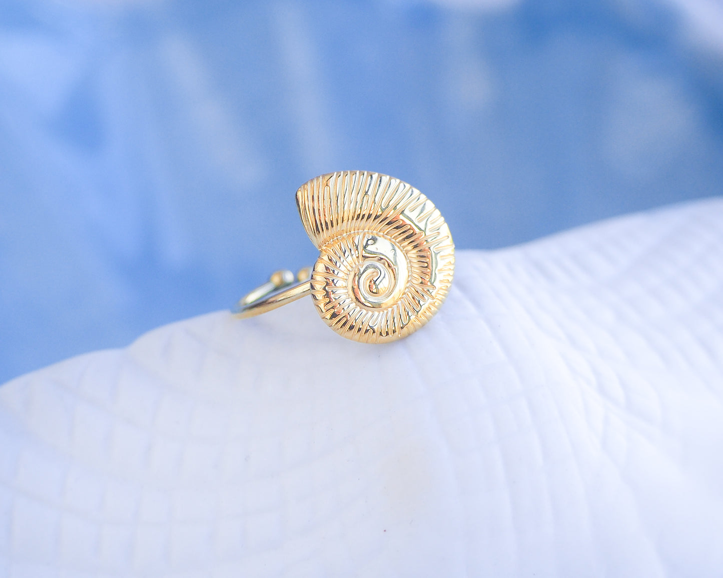 Gold Nautilus Seashell Ring displayed with blue white background, adjustable 18k gold stainless steel shell ring 
