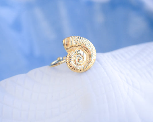 Gold Nautilus Seashell Ring displayed with blue white background, adjustable 18k gold stainless steel shell ring 