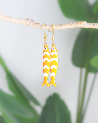 Front view of Orange Sardine Fish Earrings with 14k gold stainless steel earrings, Beautiful gift for Portugal lovers or holiday memory, coastal jewelry from Portugal