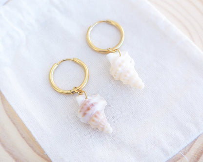 Pelicans Foot Shell Gold Earring Hoops displayed on display, handpicked white pelican foot shells from Portugal, 18k gold stainless steel shell earring hoops, seabylou 