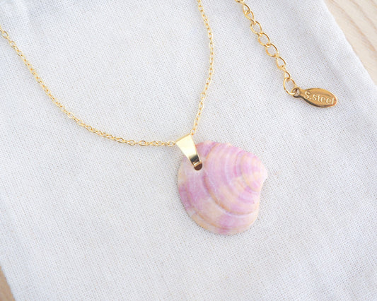 Gold Pink Orange Venus Shell Necklace on display, Banded Venus Shell from Portugal, Shell jewelry, Sea by Lou 
