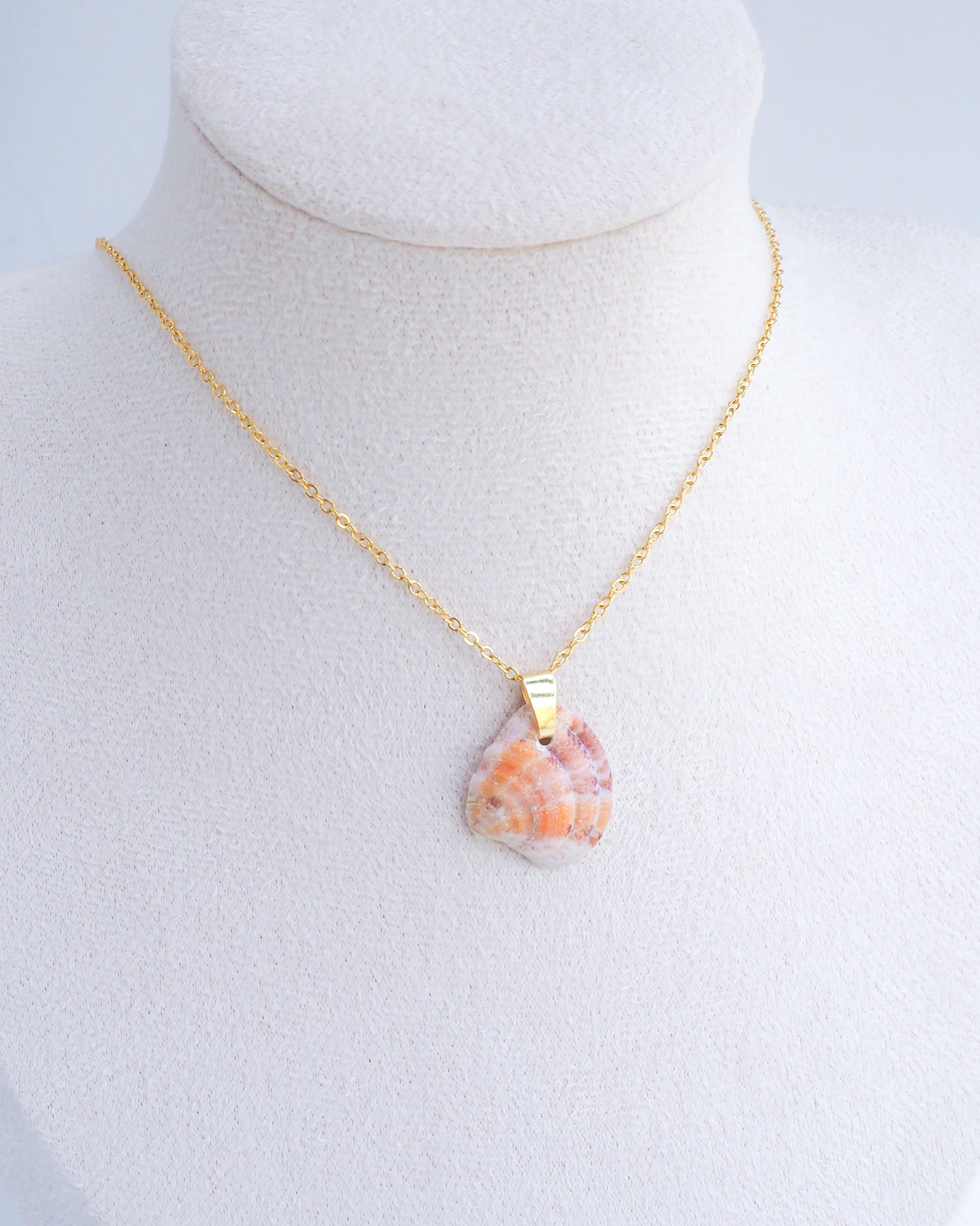 Pink Orange Venus Shell Gold Necklace II on model 