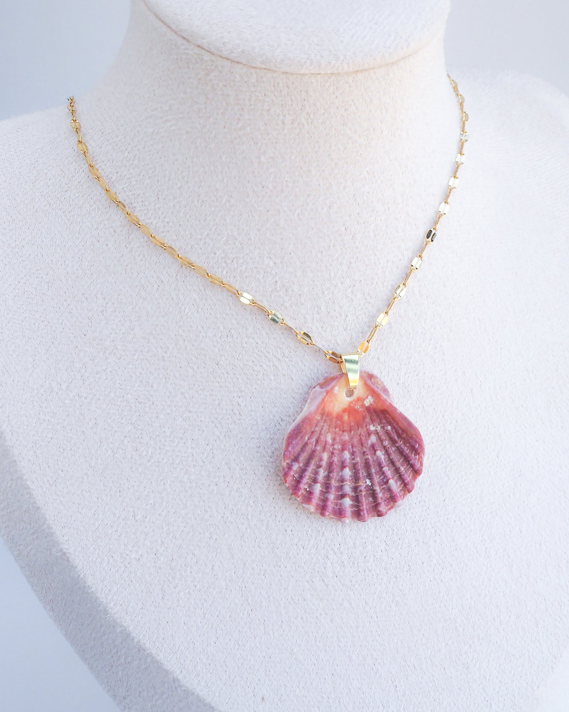 Fuchsia Pilgrims Scallop Shell Gold Necklace on display