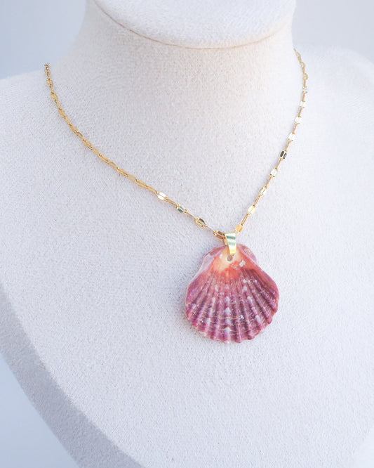 Fuchsia Pilgrims Scallop Shell Gold Necklace on display