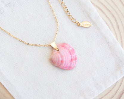 Gold Pink Venus Shell Necklace on cotton displayed. Pink Shell from Portugal. Necklace made with 18k gold stainless steel