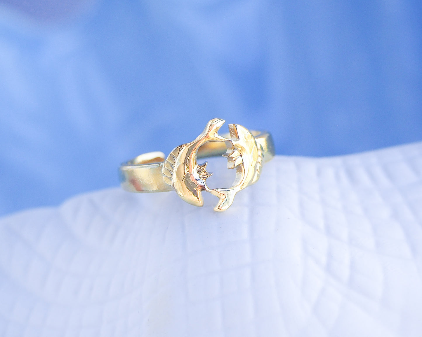 Gold Pisces Zodiac Ring on stone displayed, adjustable 18k gold stainless steel Fish ring 
