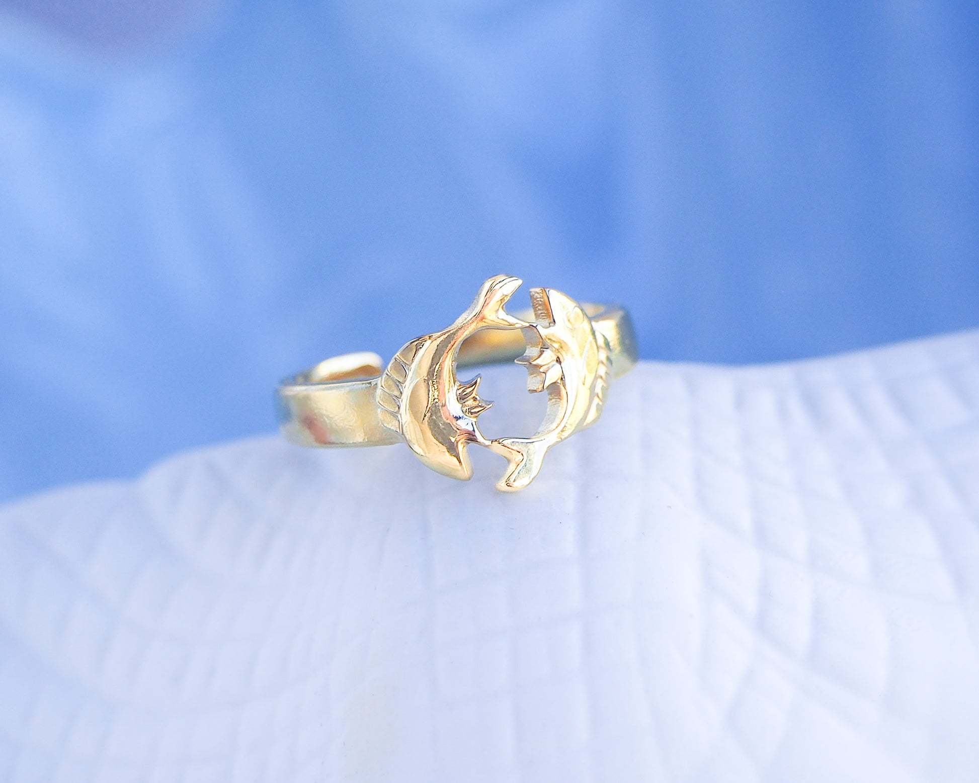 Gold Pisces Zodiac Ring on stone displayed, adjustable 18k gold stainless steel Fish ring 