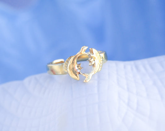 Gold Pisces Zodiac Ring on stone displayed, adjustable 18k gold stainless steel Fish ring 