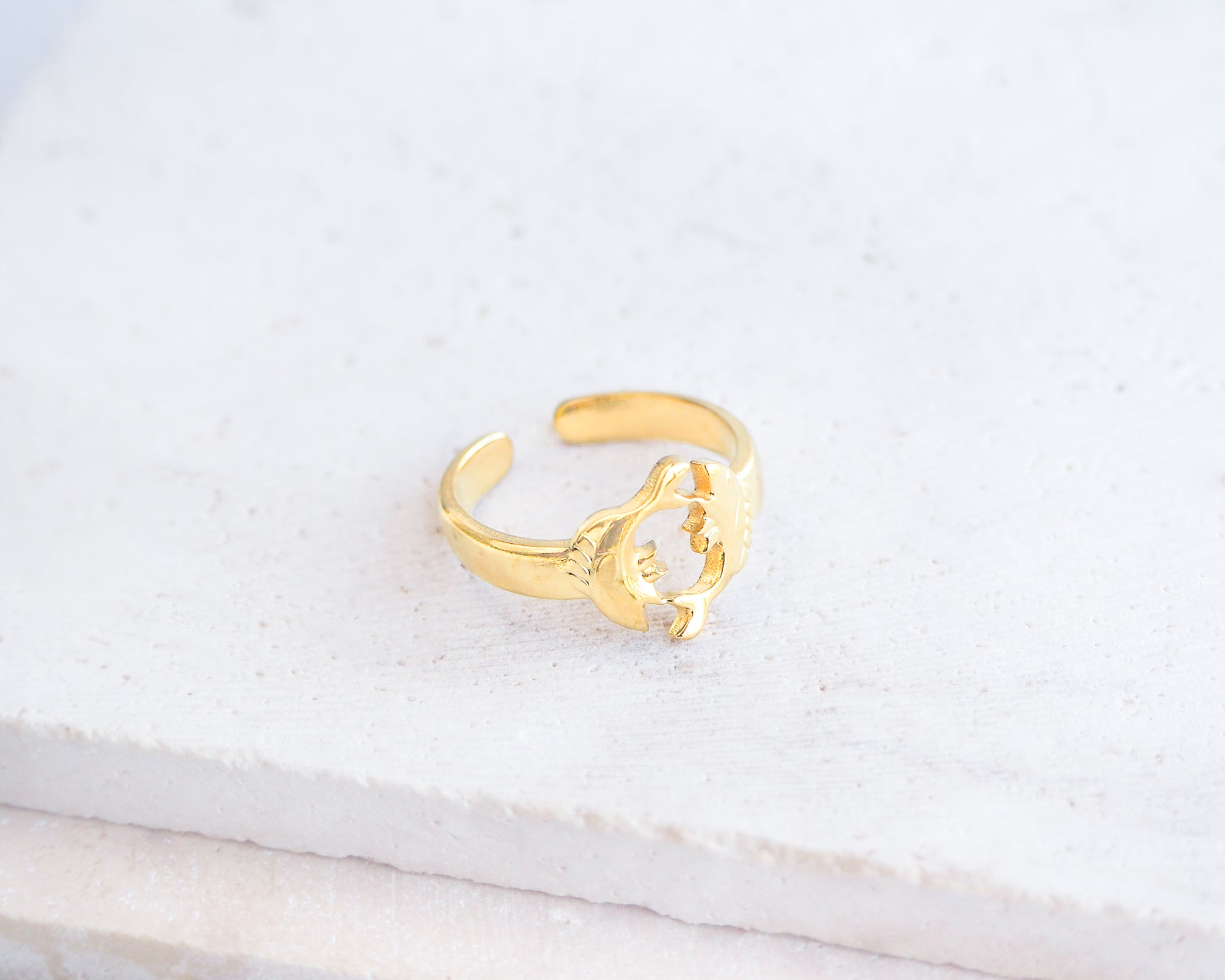 Side view of Gold Pisces Zodiac Ring on stone displayed, adjustable 18k gold stainless steel Fish ring 